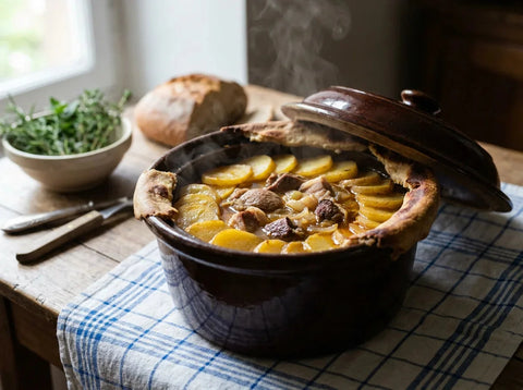 Baeckeoffe alsacien dans sa terrine en grès ouverte : couches de pommes de terre dorées, viandes fondantes et oignons, cordon de pâte cassé sur le bord