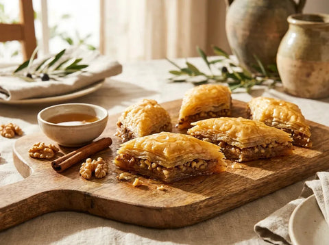 Baklava grec en losanges : couches de pâte filo dorée et de noix, luisant de sirop au miel
