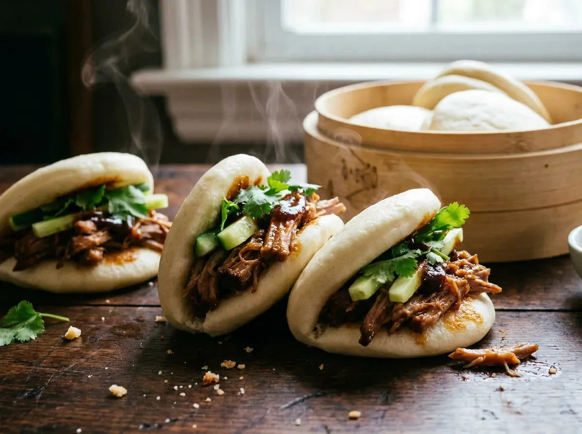 Bao vapeur pliés en portefeuille, pains blancs moelleux garnis de porc laqué effiloché, concombre et coriandre