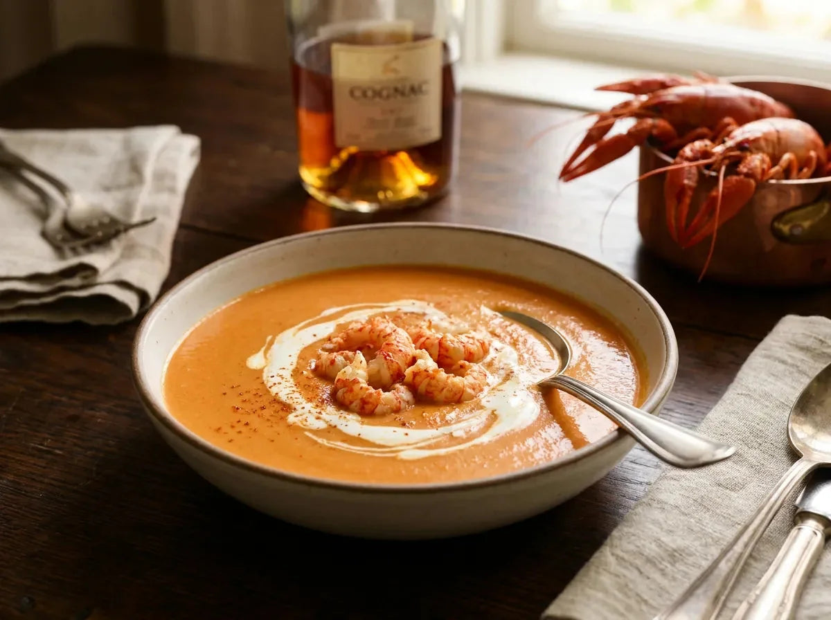 Assiette de bisque d’écrevisses coral velouté à la crème, garnie de queues d’écrevisses décortiquées et d’un filet de crème