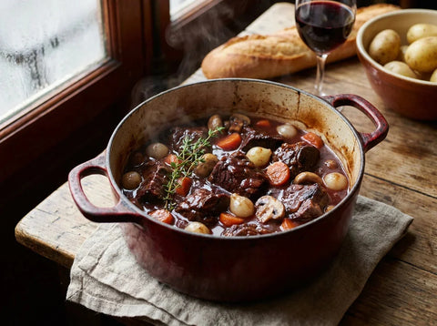 Bœuf bourguignon fondant dans sa cocotte en fonte, sauce au vin rouge brillante, oignons grelots, champignons et carottes
