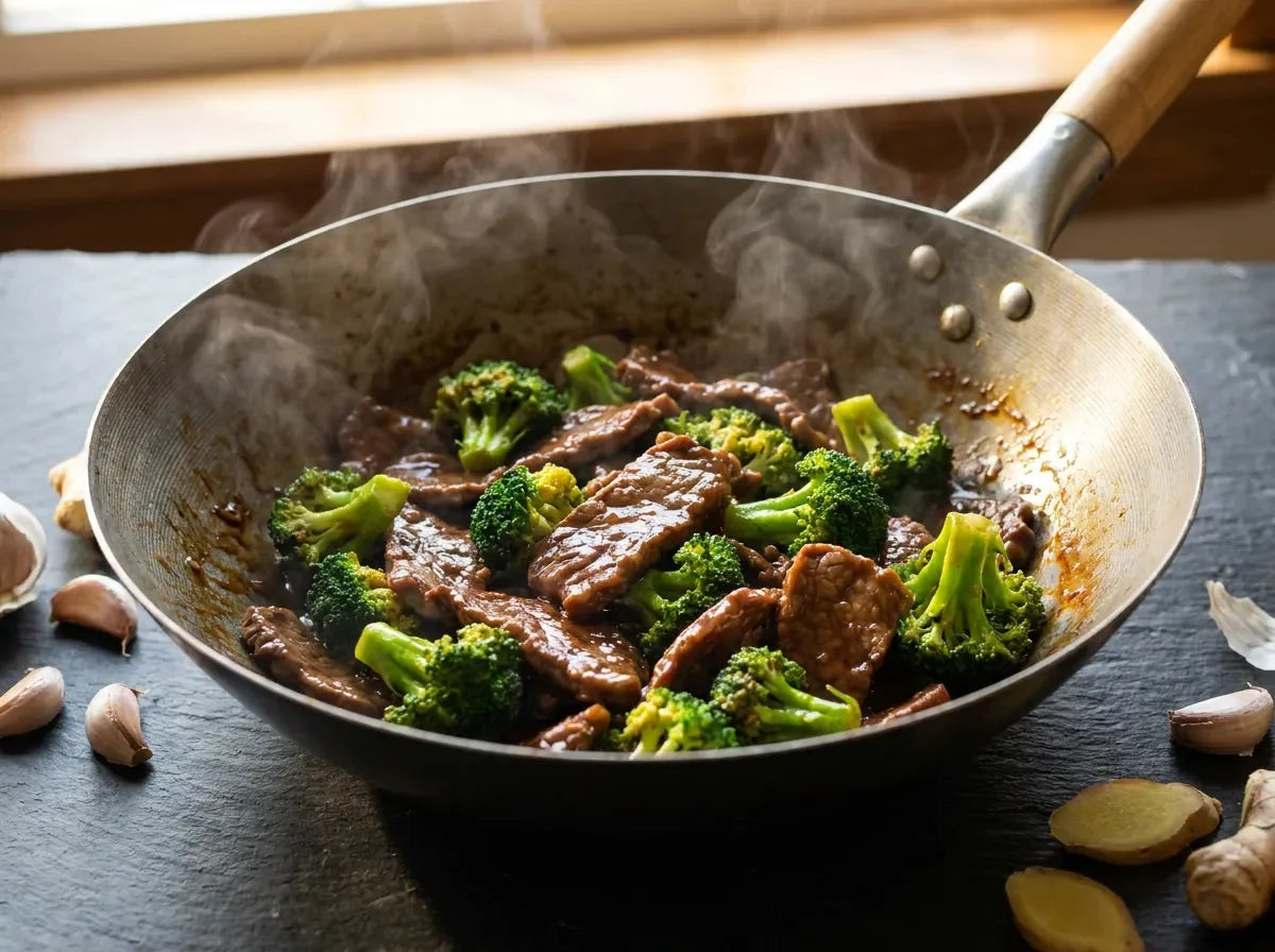 Bœuf sauté au brocoli au wok : lamelles de bœuf brillantes et bouquets de brocoli vert dans une sauce soja à l’huître