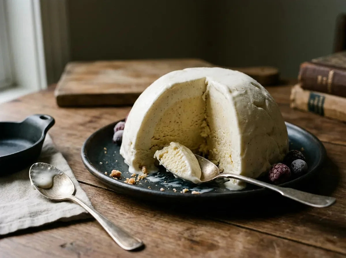 Bombe glacée démoulée en dôme, découpée pour révéler la couche de glace vanille et l'appareil à bombe crémeux