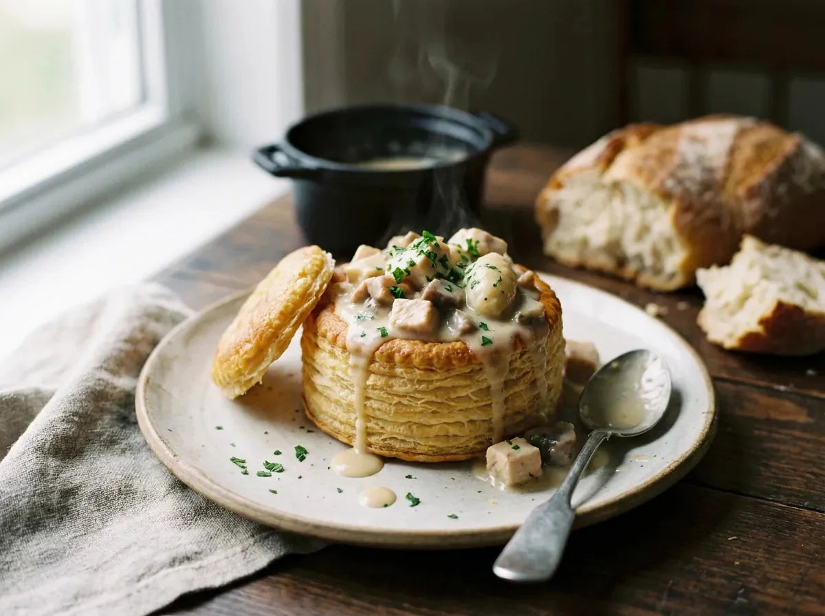 Bouchée à la reine : croûte de feuilletage dorée garnie d’une garniture crémeuse de volaille et de champignons, chapeau posé sur le côté