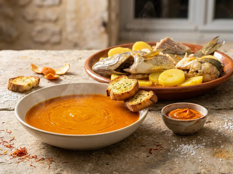 Bouillabaisse marseillaise : soupe safranée, rouille, croûtons et plat de poissons