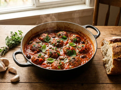 Boulettes de bœuf dorées mijotées dans une sauce tomate aux herbes, parsemées de persil, dans un faitout rustique