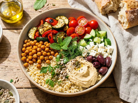 Bowl méditerranéen végétarien : boulgour, pois chiches, légumes grillés, tomates, concombre, feta, olives et houmous disposés par secteurs