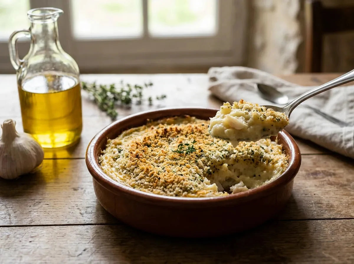 Brandade de morue nîmoise gratinée dans un plat, surface dorée à la chapelure, une portion prélevée montrant la purée onctueuse à l’huile d’olive