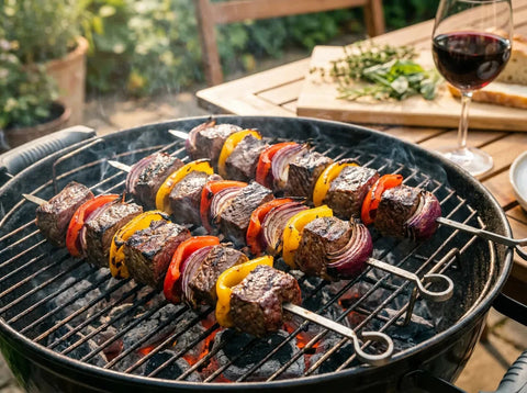 Brochettes de bœuf au barbecue avec poivrons et oignons rouges, viande grillée et légèrement caramélisée