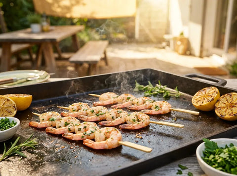 Brochettes de crevettes à l’ail et au persil saisíes à la plancha, avec quartiers de citron