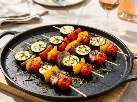 Brochettes de légumes colorées — courgette, poivrons rouge et jaune, oignon rouge et tomates cerises — grillées à la plancha, marques dorées