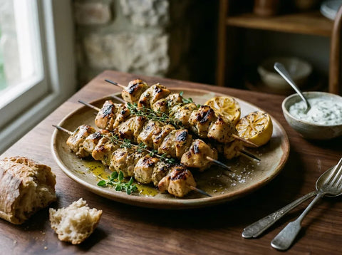 Brochettes de poulet marinées grillées et dorées, thym, citron grillé et sauce yaourt aux herbes