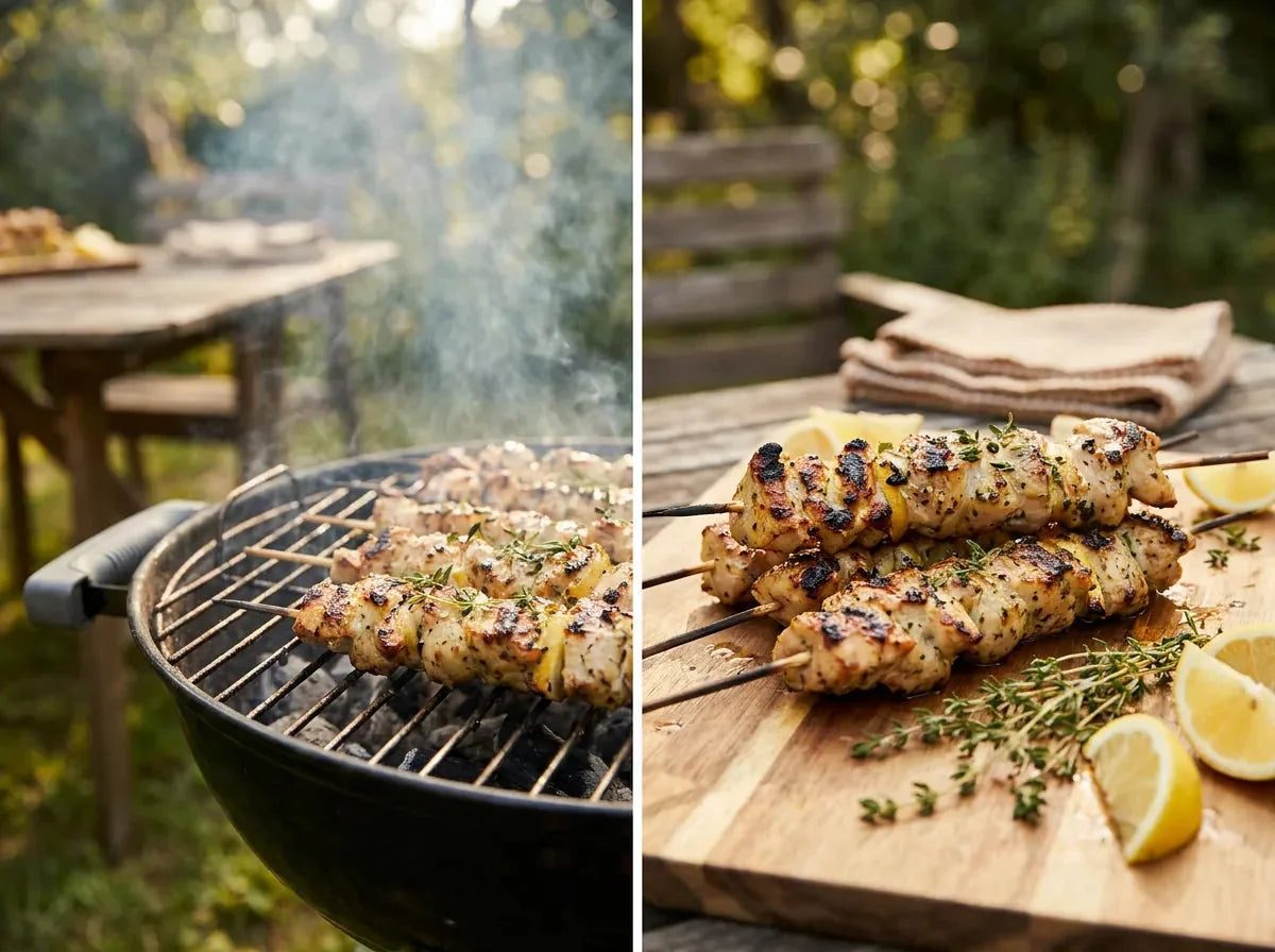 Brochettes de poulet marinées grillées au barbecue, dorées, avec citron et herbes fraîches