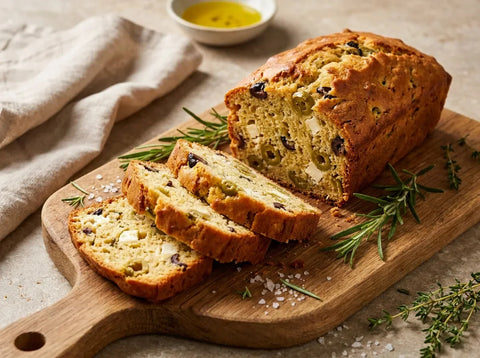 Cake salé aux olives et à la feta tranché sur une planche, mie moelleuse parsemée d’olives et de dés de feta, herbes fraîches autour