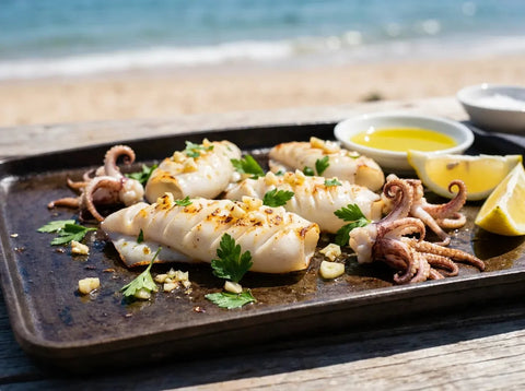 Calamars saisis à la plancha, chair nacrée quadrillée, parsemés d’ail haché, de persil et de quartiers de citron
