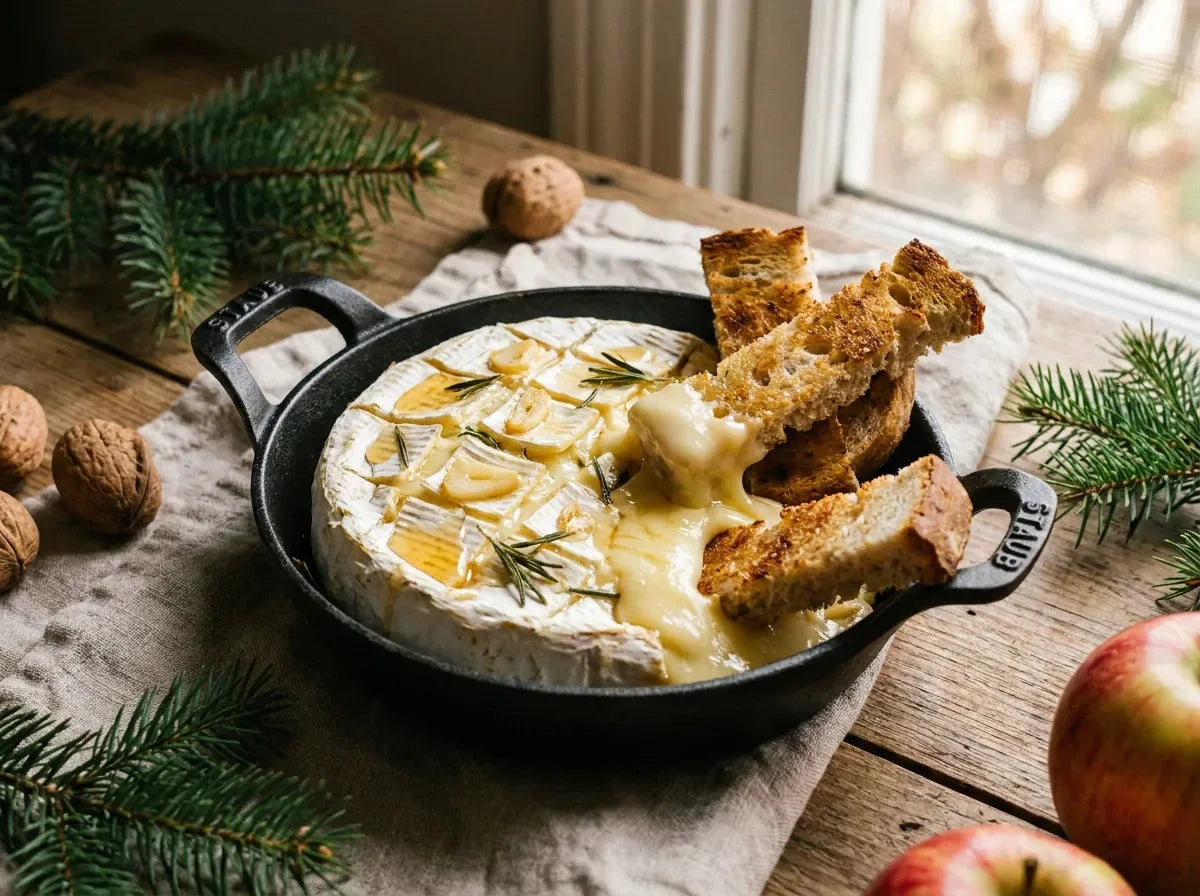 Camembert rôti au four dans une petite cocotte, cœur coulant, croûte incisée piquée d’ail et de romarin, filet de miel et mouillettes de pain