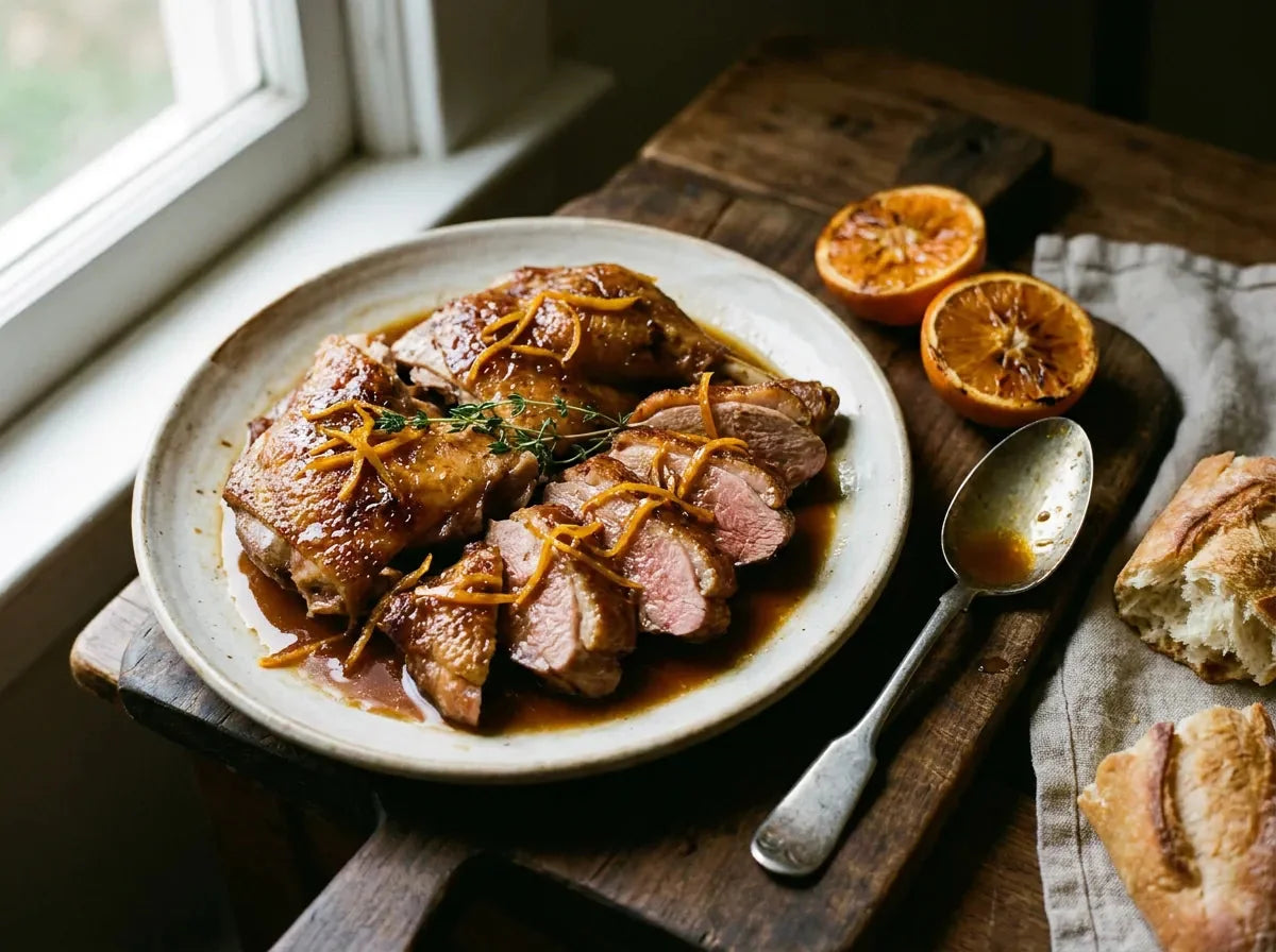 Caneton à la bigarade : morceaux de canard rôti rosé nappés d’une sauce à l’orange amère brillante, parsemés d’une julienne de zestes confits