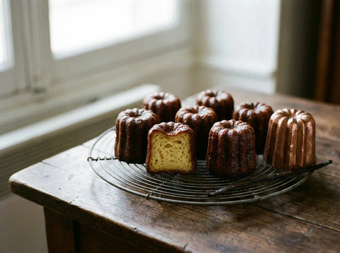 Cannelés bordelais alignés sur un plat : petits gâteaux à la croûte caramélisée brun foncé et brillante, cœur moelleux à la vanille et au rhum