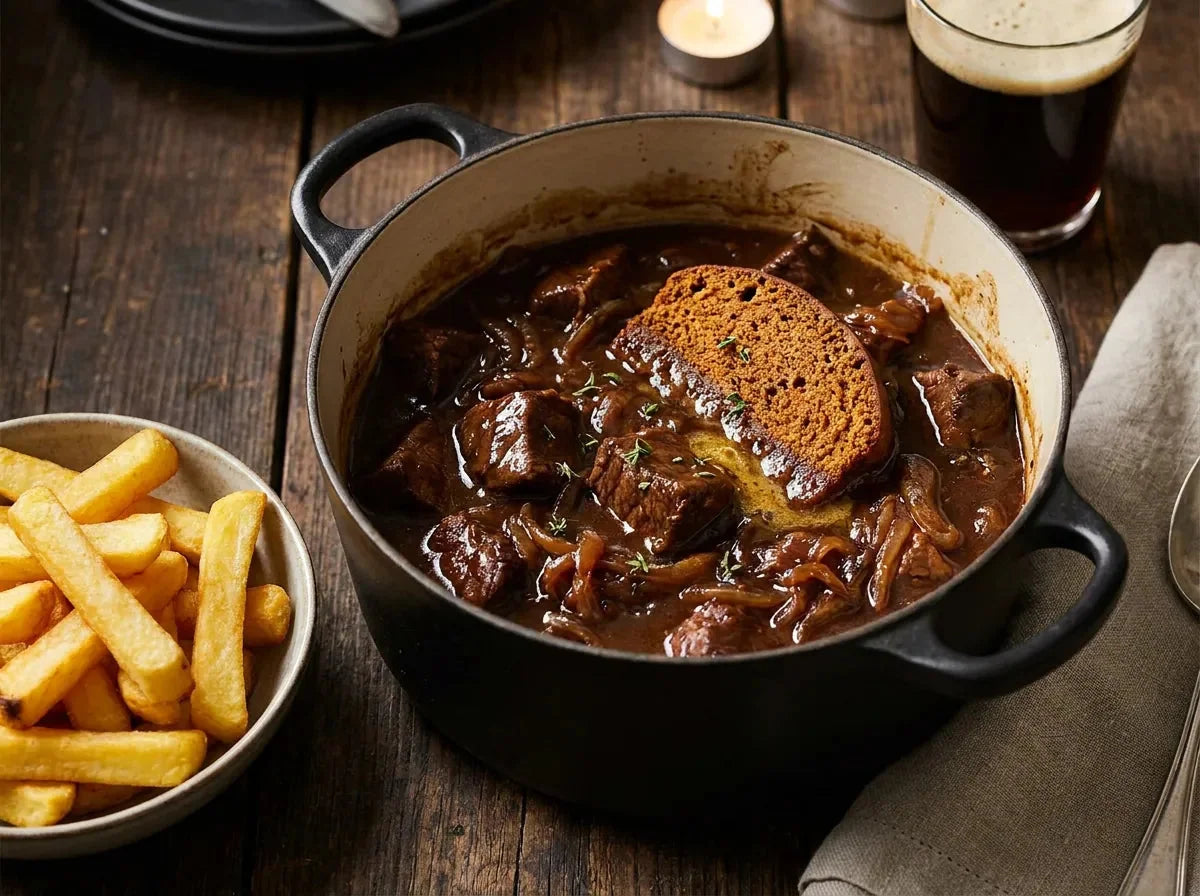 Carbonade flamande en cocotte : cubes de bœuf mijotés dans une sauce brune à la bière avec oignons fondants, servie avec des frites
