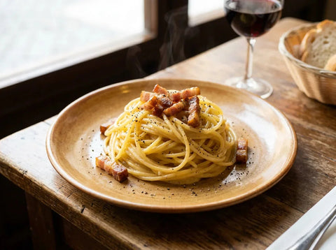 Assiette de spaghetti alla carbonara crémeux au guanciale doré et au poivre noir, sans crème, sur une table de trattoria