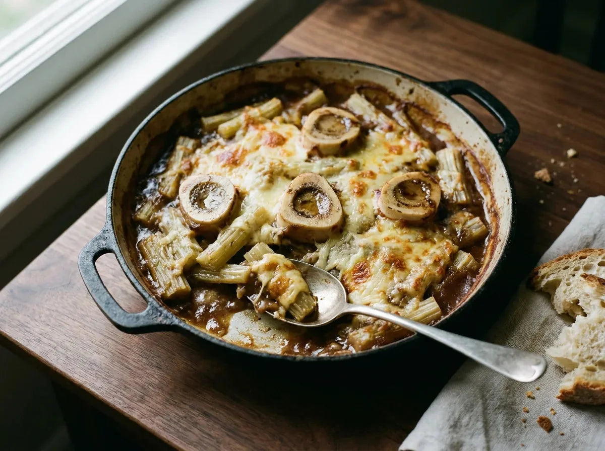 Gratin de cardons à la moelle lyonnais : côtes de cardon nappées de sauce brune et rondelles de moelle dorées