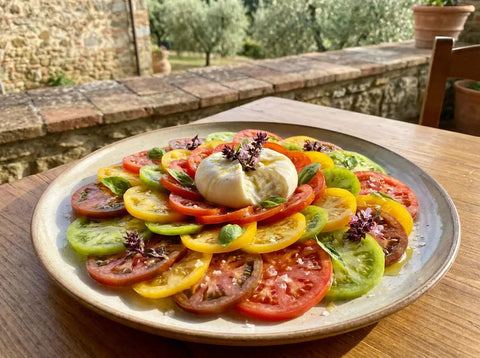 Carpaccio de tomates multicolores en rosace avec une burrata crémeuse ouverte au centre, basilic frais et filet d’huile d’olive