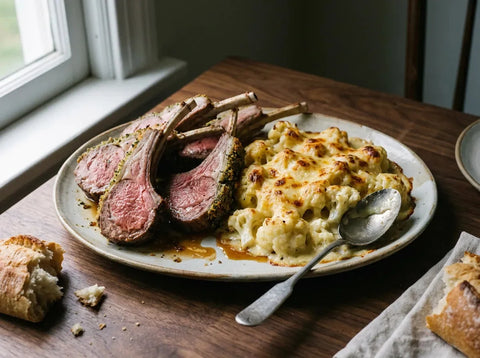Carré d’agneau rôti détaillé en côtes rosées, accompagné d’un gratin de chou-fleur nappé de Mornay et doré