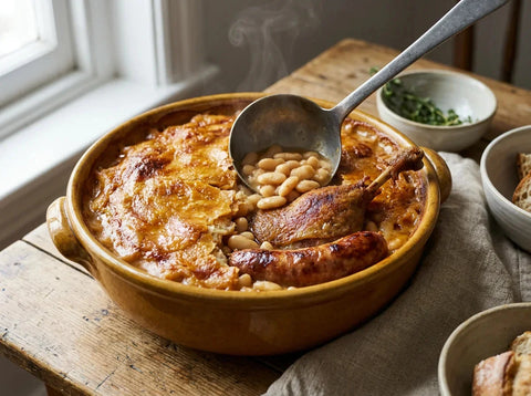 Cassoulet du Sud-Ouest dans sa cassole en terre cuite, croûte dorée cassée sur haricots lingots crémeux, confit de canard et saucisse de Toulouse