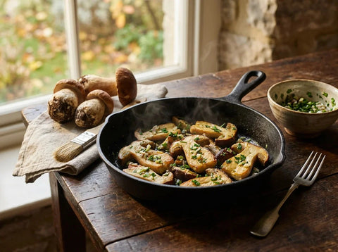 Cèpes à la bordelaise dorés dans une poêle en fonte, tranches épaisses et pieds, persillade d'ail et de persil plat