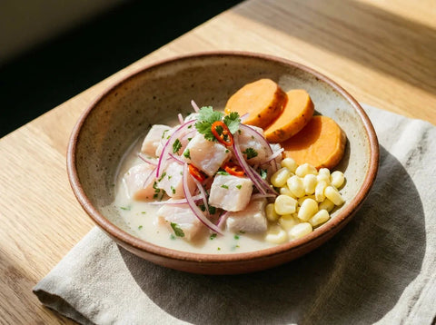 Ceviche de poisson blanc au citron vert dans un bol : dés de poisson nacré, oignon rouge, coriandre et piment avec le leche de tigre