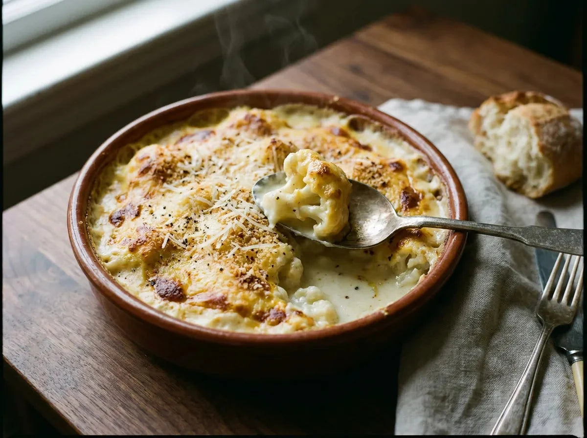 Chou-fleur à la Mornay gratiné, bouquets nappés de sauce au fromage dorée dans un plat à gratin