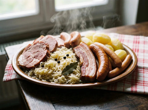 Choucroute garnie alsacienne sur un grand plat : chou braisé en dôme, palette et poitrine fumées tranchées, saucisses et pommes de terre vapeur