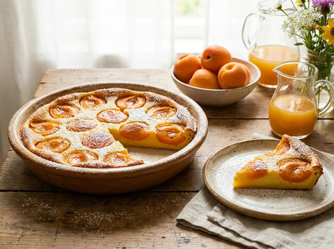 Clafoutis aux abricots doré dans son plat, abricots juteux dans un appareil moelleux saupoudré de sucre glace