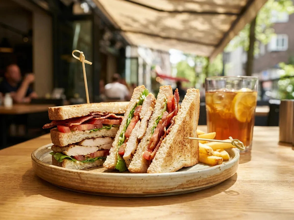Club sandwich au poulet coupé en triangles maintenus par des piques, étages de poulet, bacon, tomate et salade sur pain de mie toasté