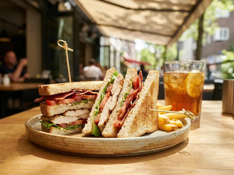 Club sandwich au poulet coupé en triangles maintenus par des piques, étages de poulet, bacon, tomate et salade sur pain de mie toasté