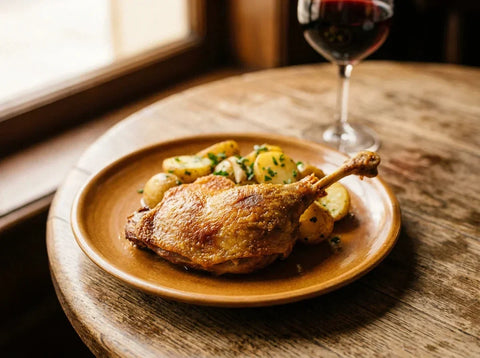 Cuisse de confit de canard dorée avec pommes sarladaises et persil, verre de vin rouge