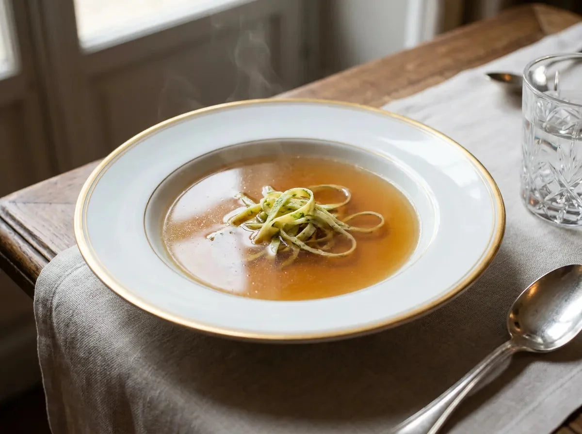Consommé Célestine : bouillon de volaille limpide et doré garni d'une fine julienne de crêpes aux herbes dans une assiette creuse