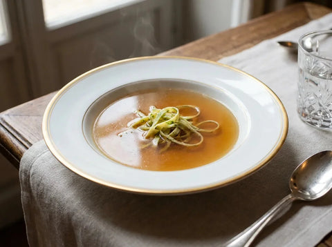 Consommé Célestine : bouillon de volaille limpide et doré garni d'une fine julienne de crêpes aux herbes dans une assiette creuse