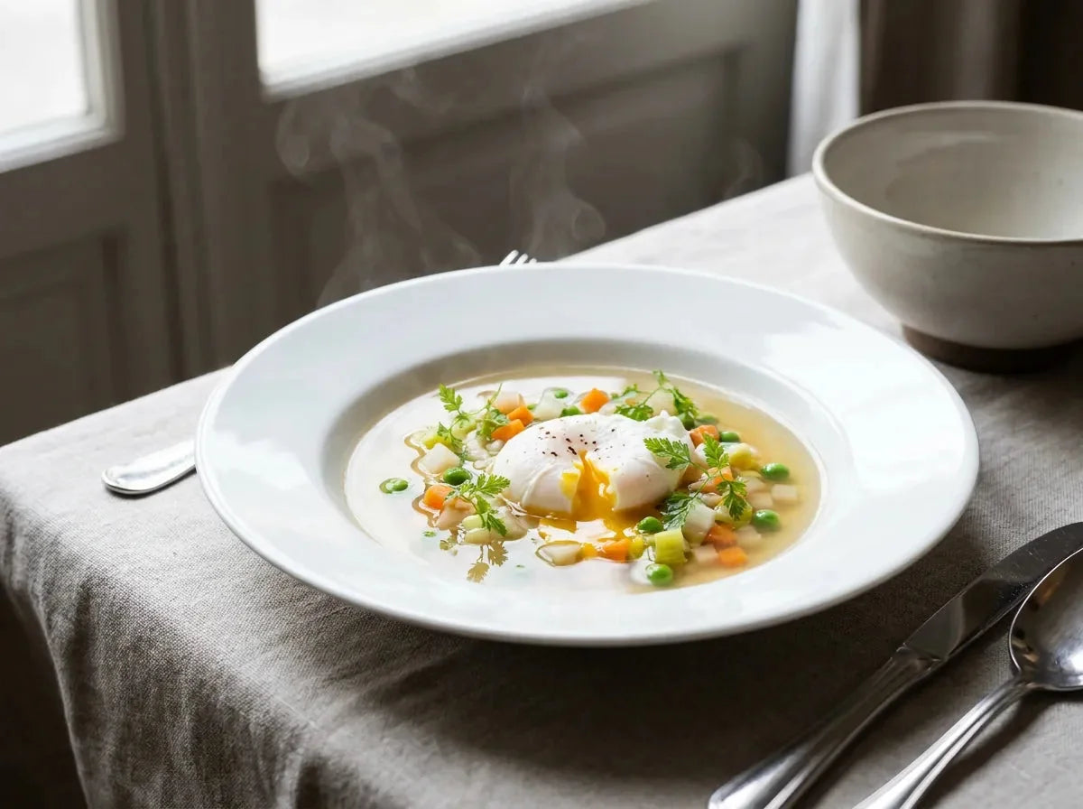 Consommé Colbert : bouillon clarifié avec petits légumes printaniers et un œuf poché au jaune coulant au centre de l'assiette