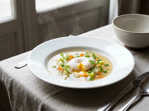 Consommé Colbert : bouillon clarifié avec petits légumes printaniers et un œuf poché au jaune coulant au centre de l'assiette