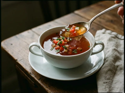 Consommé madrilène : consommé de tomate légèrement pris en gelée servi en tasse, dés de tomate et cerfeuil