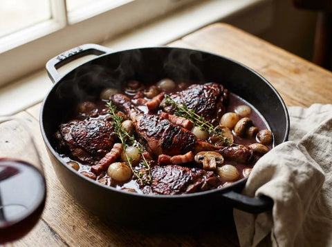 Coq au vin mijoté dans sa cocotte, morceaux de volaille nappés de sauce au vin rouge, lardons, oignons grelots et champignons