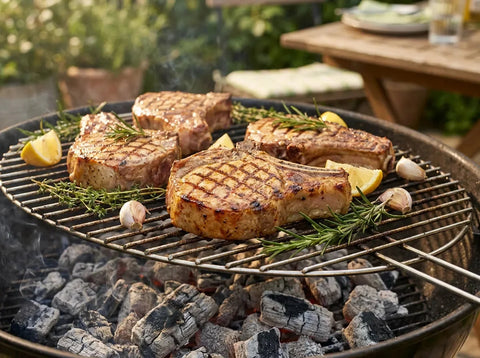 Côtes de porc marinées grillées au barbecue, dorées et marquées par la grille, garnies de thym frais et de quartiers de citron