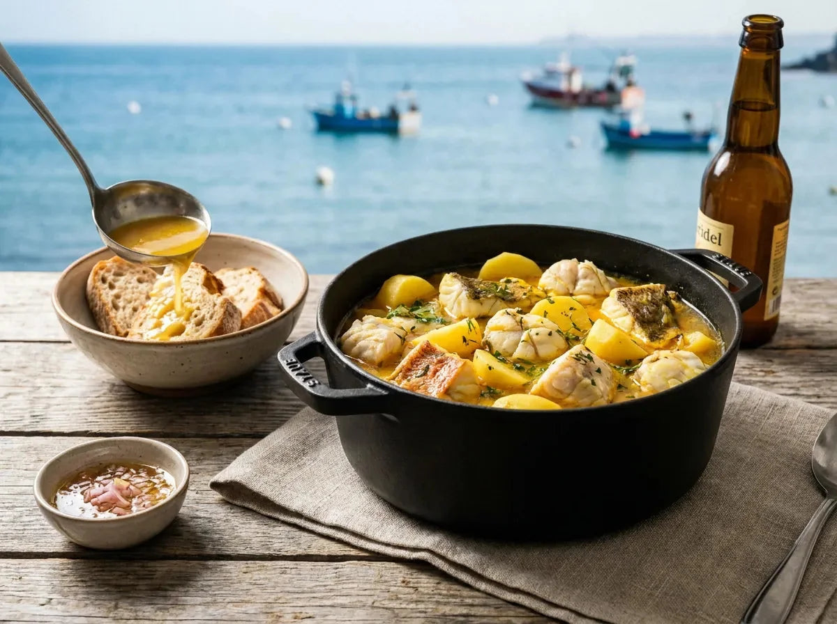 Cotriade bretonne : marmite de soupe de poissons variés et pommes de terre, bouillon versé sur du pain, vinaigrette à l’échalote