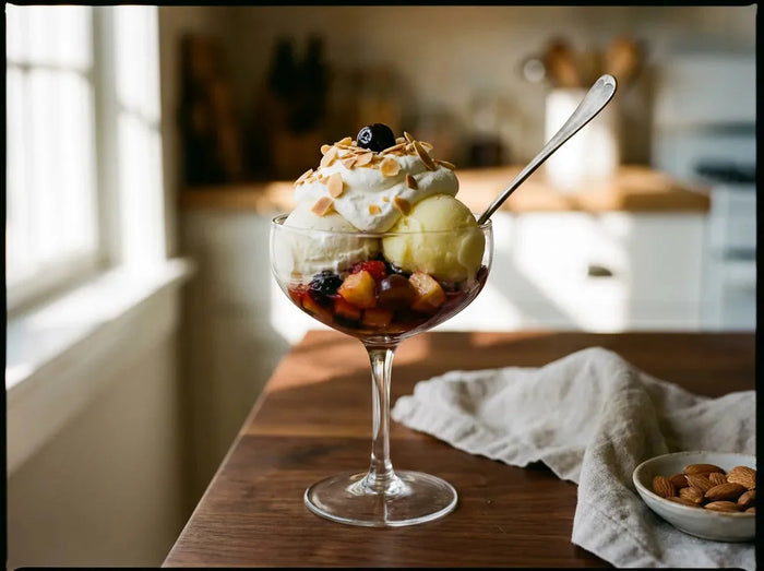 Coupe Jacques : salade de fruits au kirsch surmontée d’une boule de glace vanille et d’un sorbet citron, chantilly et amandes