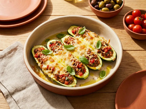 Courgettes farcies méditerranéennes gratinées au four, garnies de viande à la tomate, parmesan et basilic, dans un plat à gratin