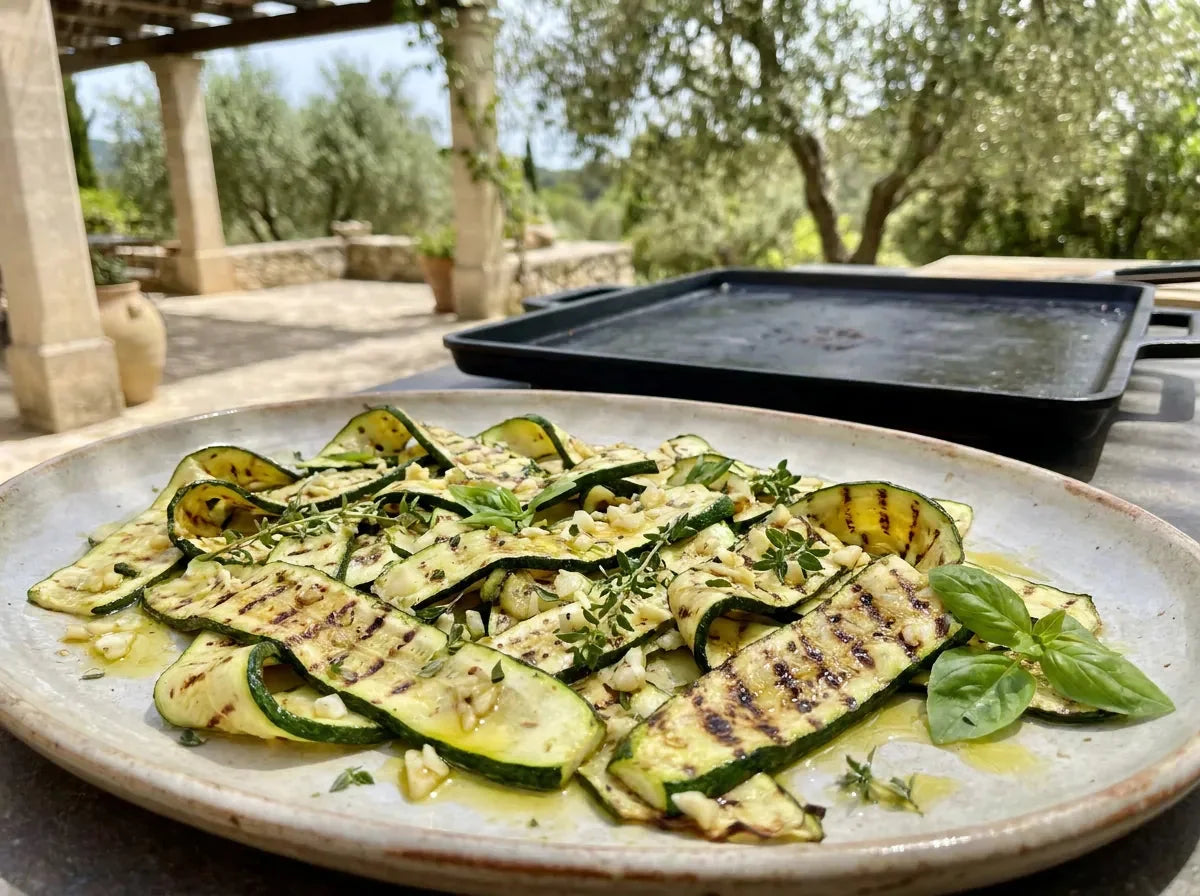 Tranches de courgettes grillées à la plancha, dorées et marquées, avec ail, herbes fraîches et huile d’olive