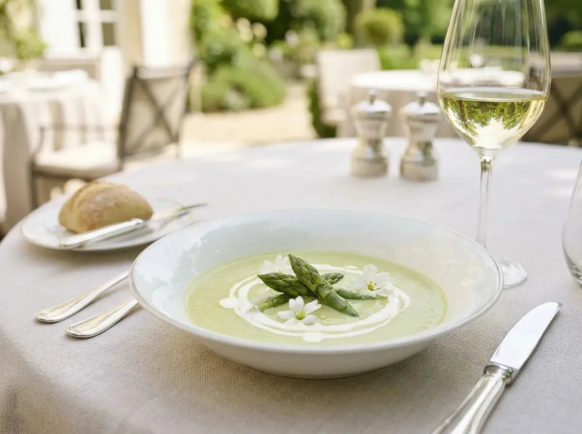 Assiette de crème Argenteuil, velouté d’asperges vertes à la crème garni de pointes d’asperges fondantes