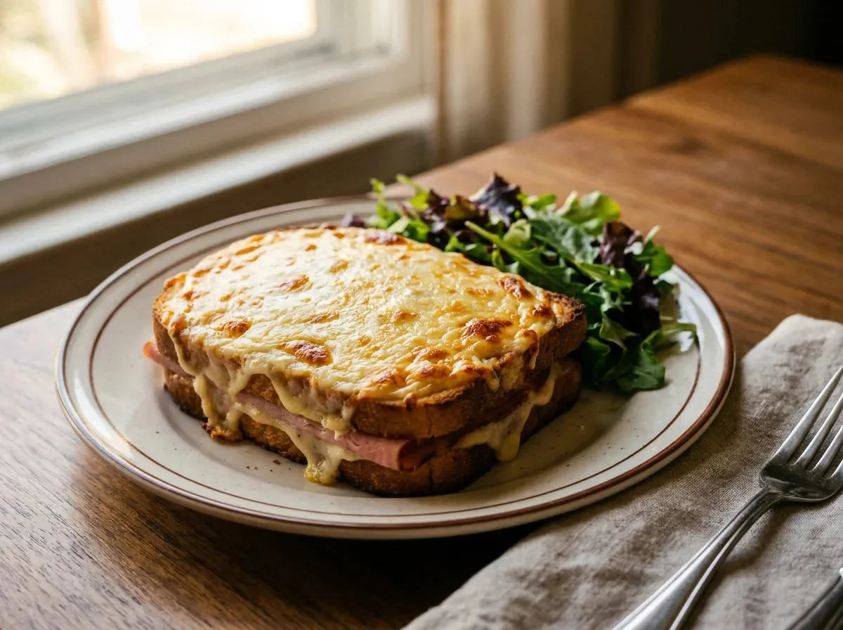 Croque-monsieur maison gratiné au four, dessus de fromage doré et bouillonnant sur du pain de mie croustillant