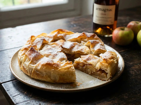 Croustade aux pommes gasconne : tourte à la pâte filo fine et dorée, froissée en pétales croustillants, saupoudrée de sucre glace, pommes à l'armagnac